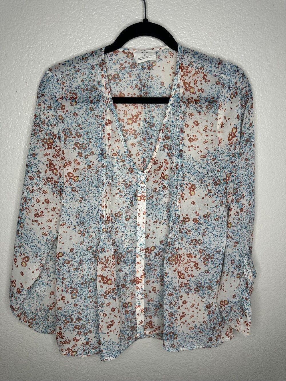 Pins and Needles Shirt Womens Medium White Floral Sheer Button Front V Neck Boho